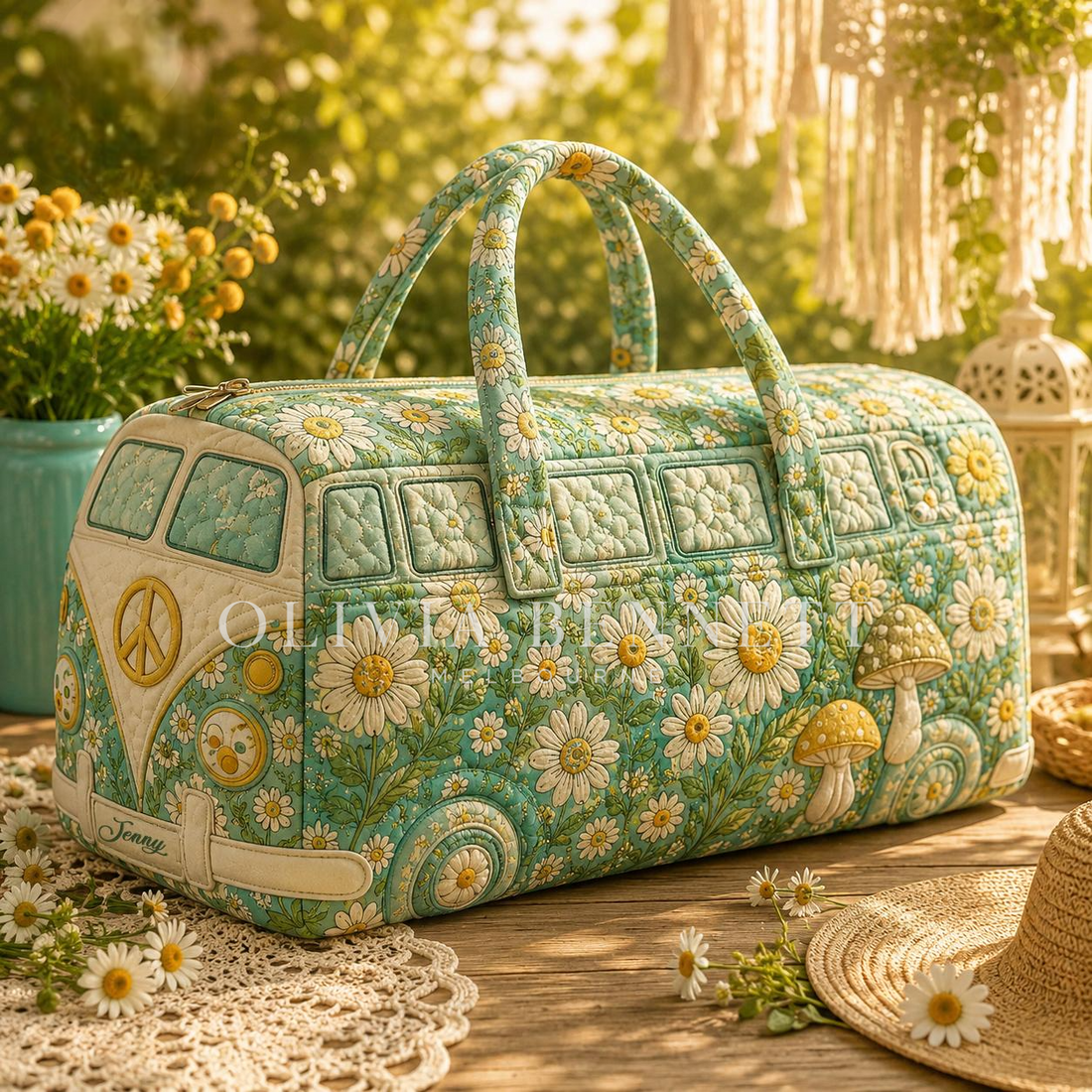 Sage Daisy Camper Quilted Duffle Bag