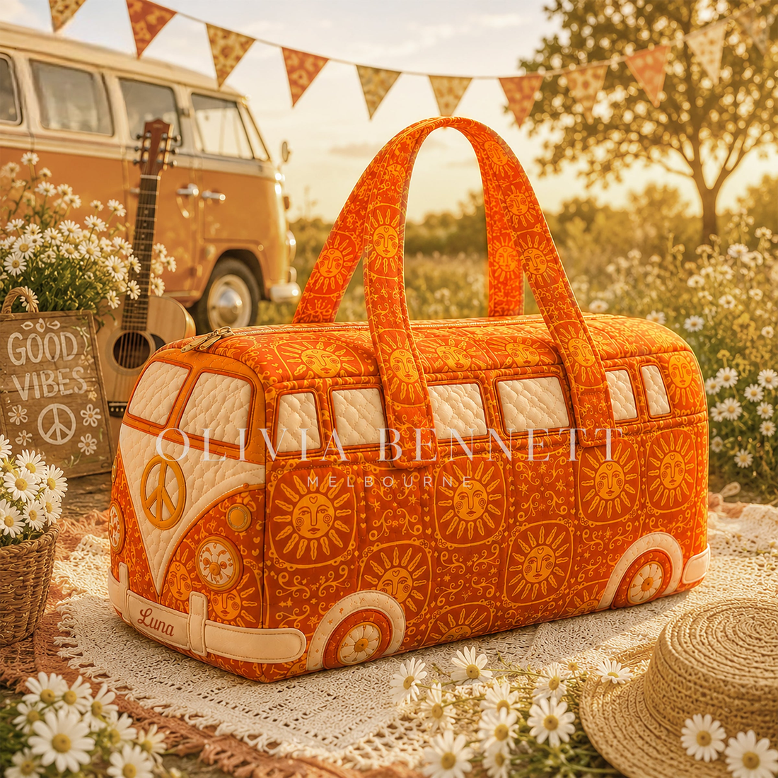 Golden Orange Flower Power Quilted Duffle Bag