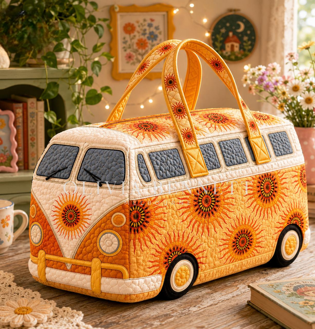 Retro Sunflower Camper Quilted Duffle Bag