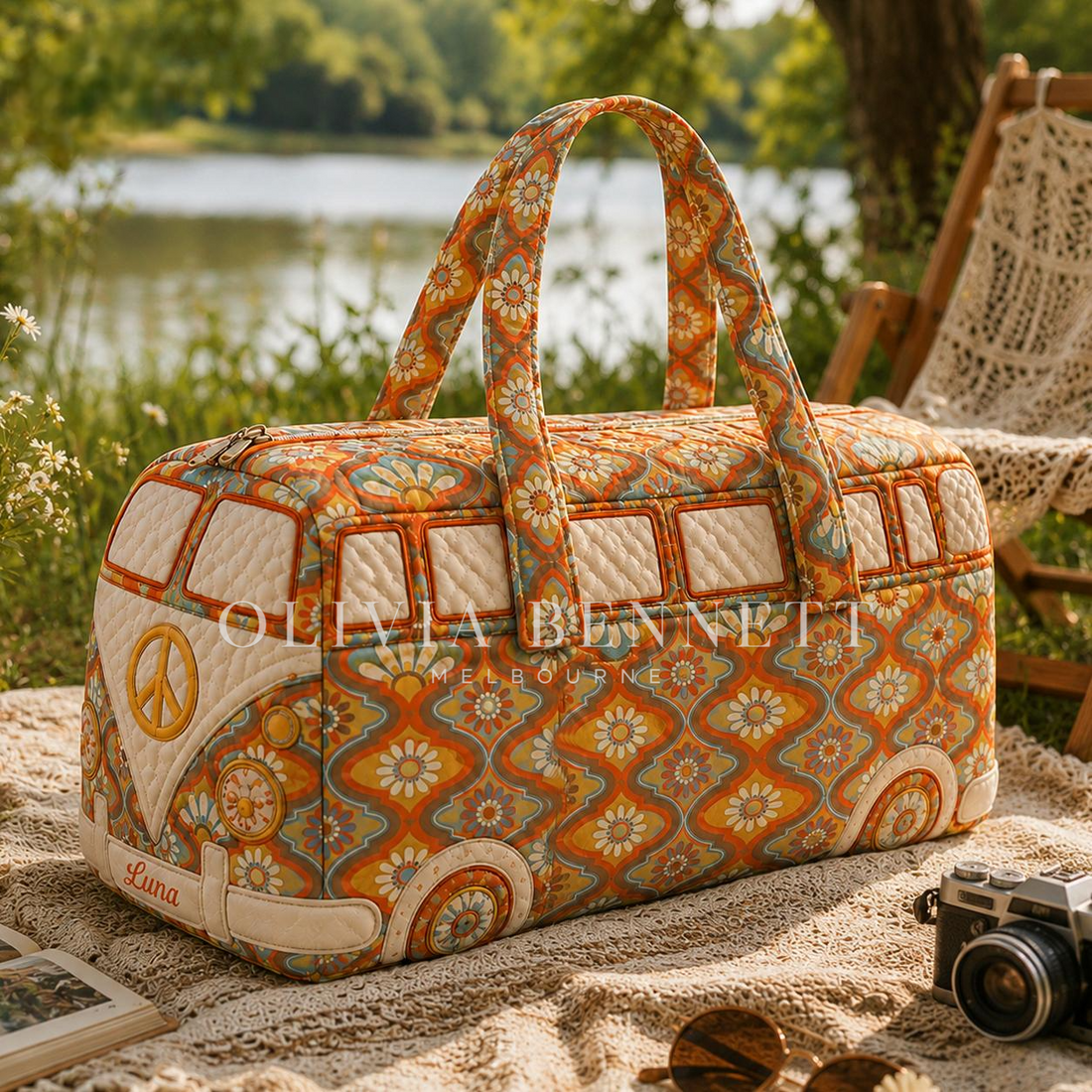 Vintage Orange Mosaic Quilted Duffle Bag