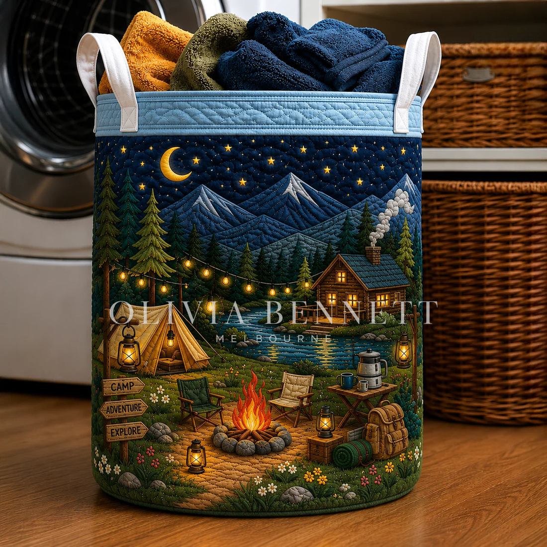 Night Camping Adventure Cabin Quilted Laundry Basket