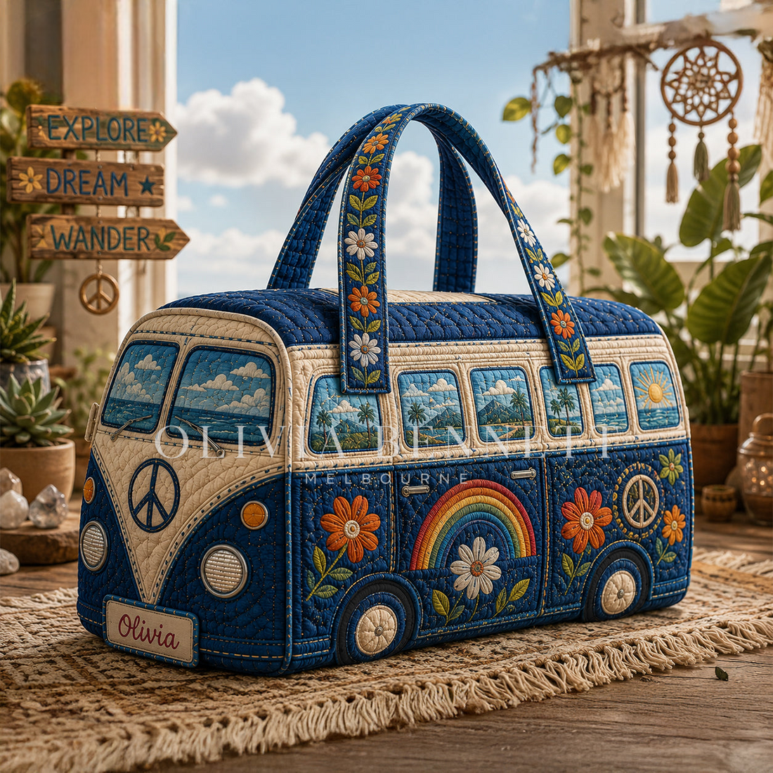 Navy Rainbow Peace Quilted Duffle Bag