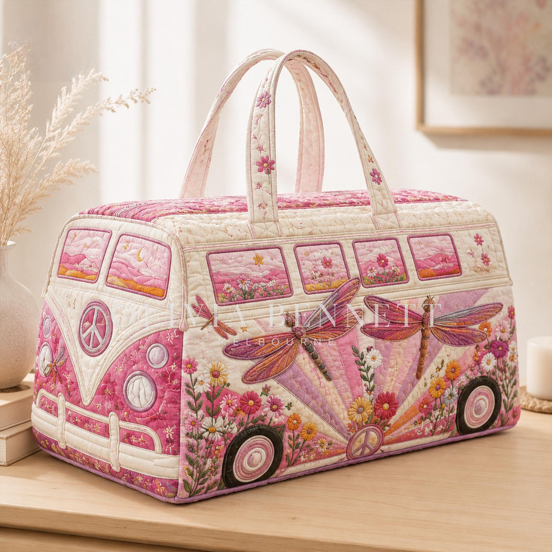 Pink Dragonfly Camper Quilted Duffle Bag