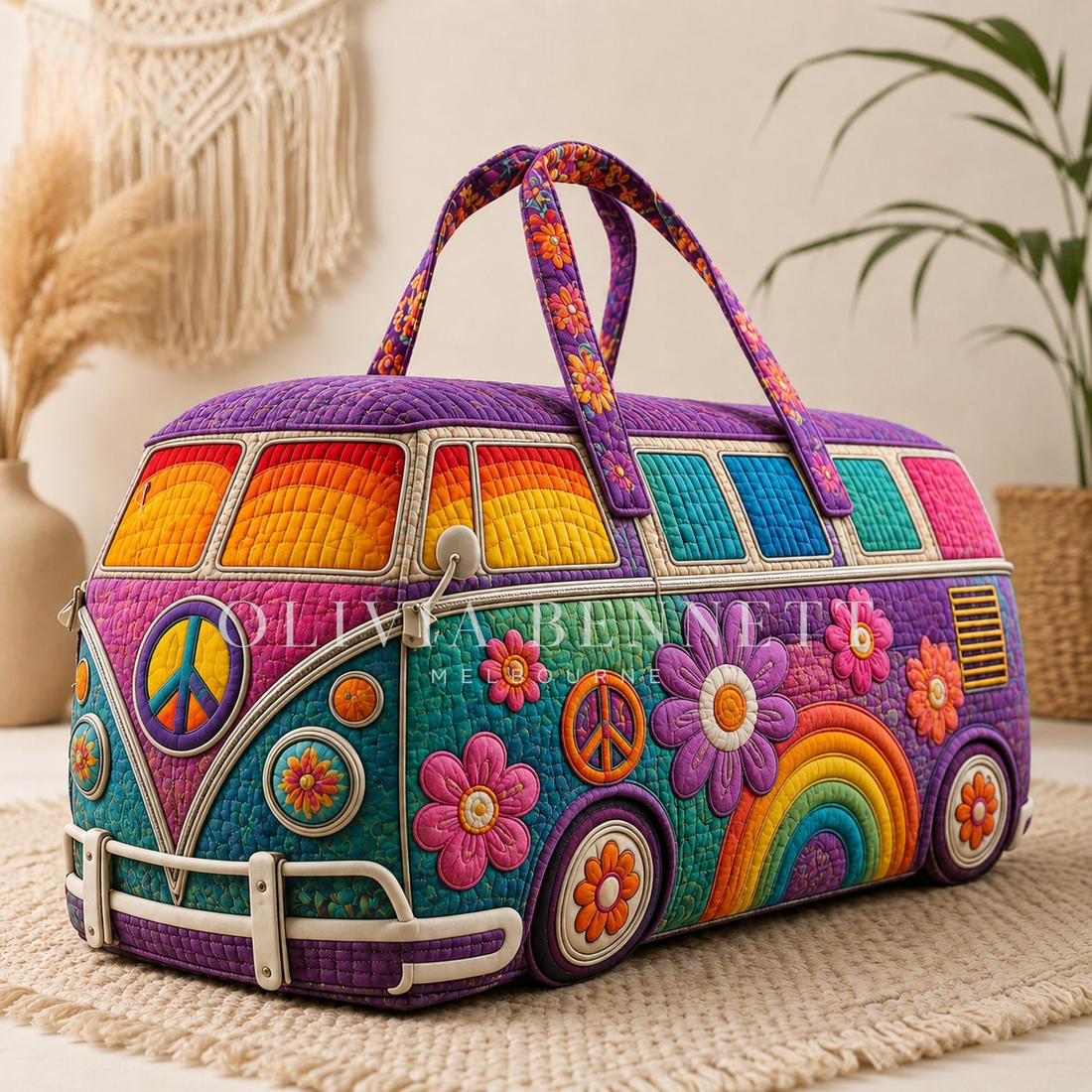 Retro Rainbow Garden Quilted Duffle Bag