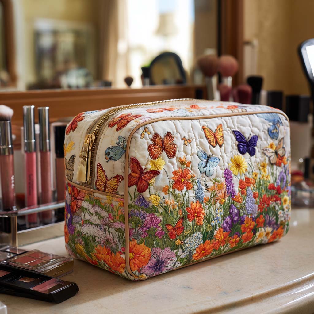 Meadow Flowers and Butterflies Quilted Toiletry Bag