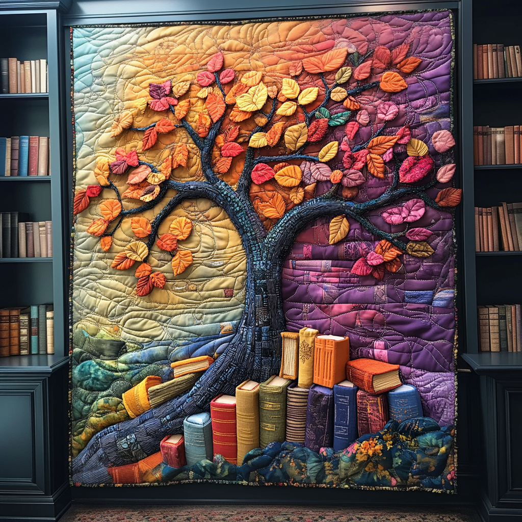 Book Tree Quilted Blanket