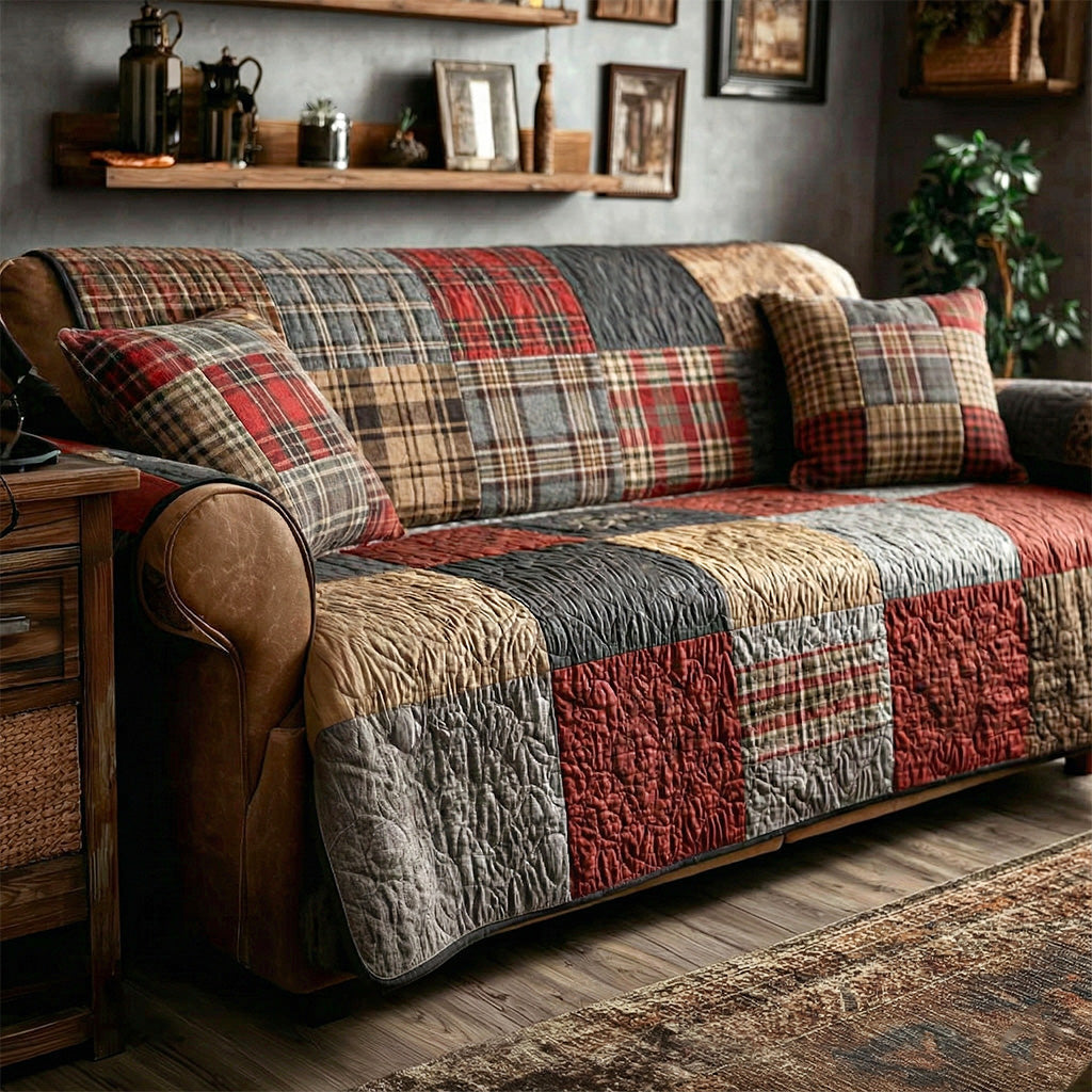 Traditional Red Plaid Quilted Sofa Cover