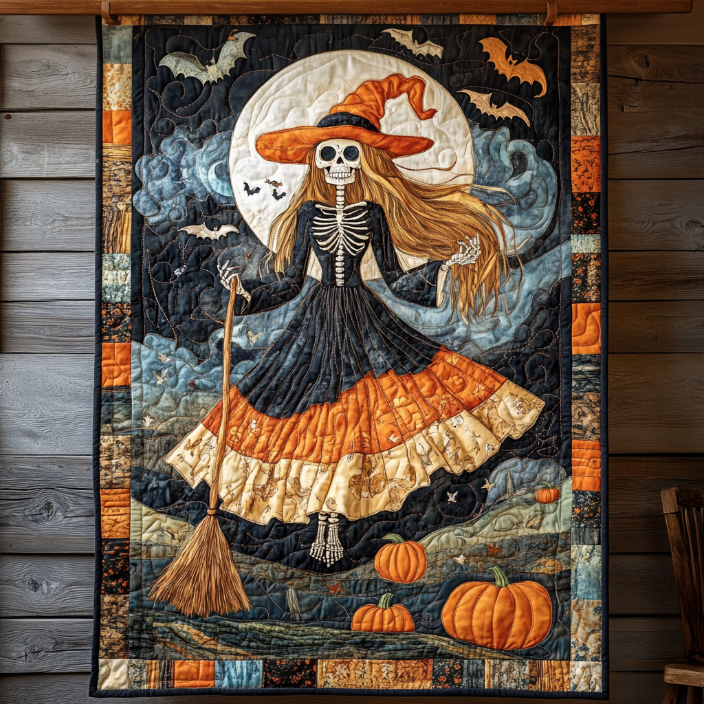 Moonlit Skeleton Witch Quilted Blanket