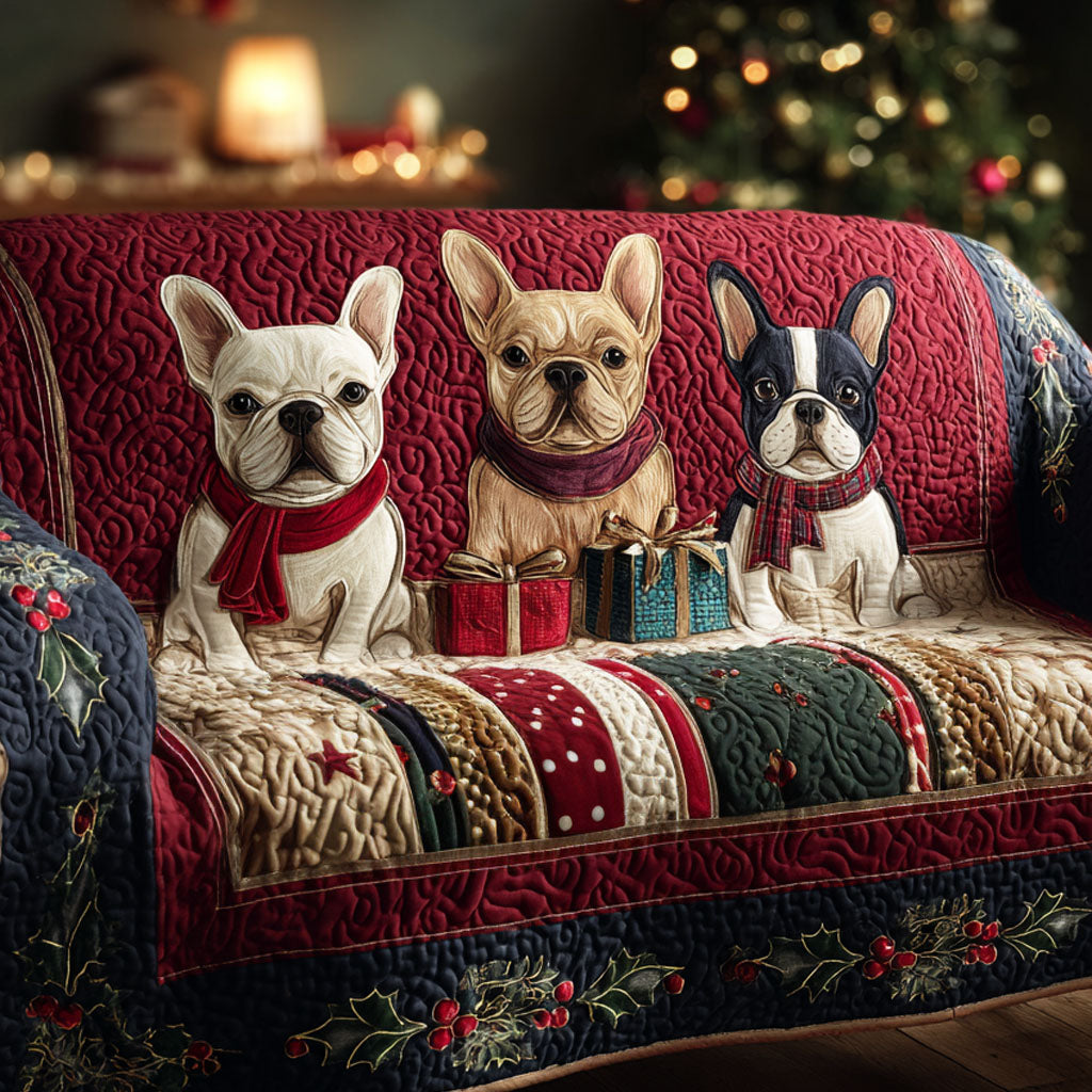 Festive French Bulldogs Quilted Sofa Cover