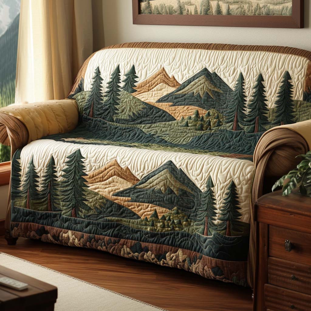 Evergreen Mountain Landscape Quilted Sofa Cover
