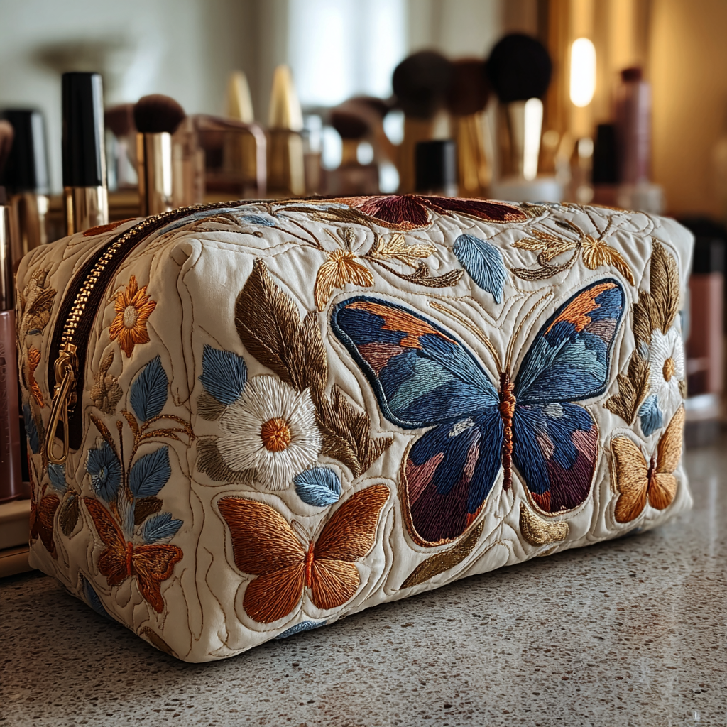 Blue Butterflies and Daisies Quilted Toiletry Bag