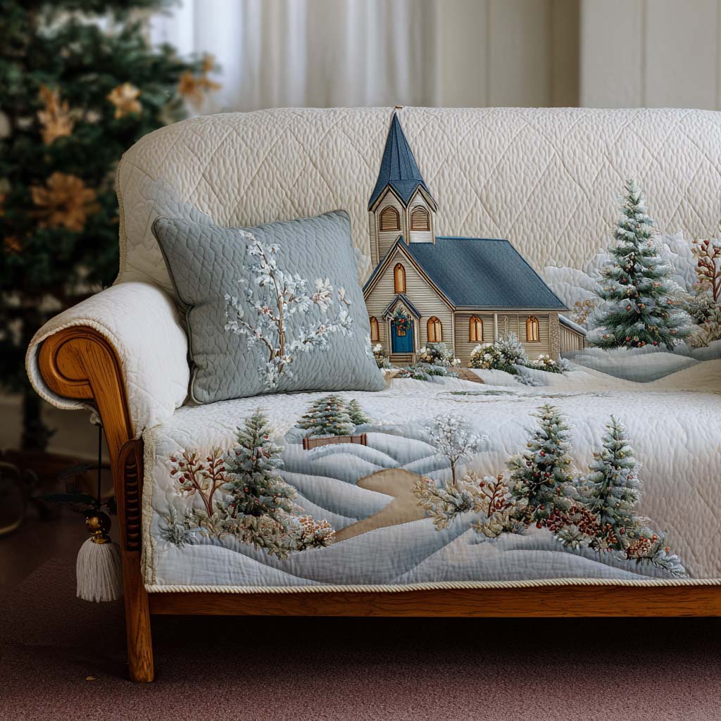 Snowy Christmas Church Quilted Sofa Cover