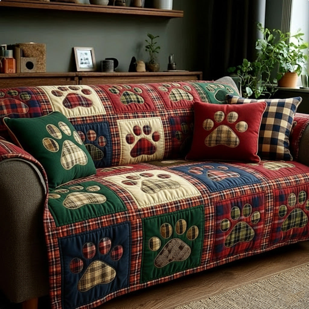 Rustic Plaid Paws Quilted Sofa Cover