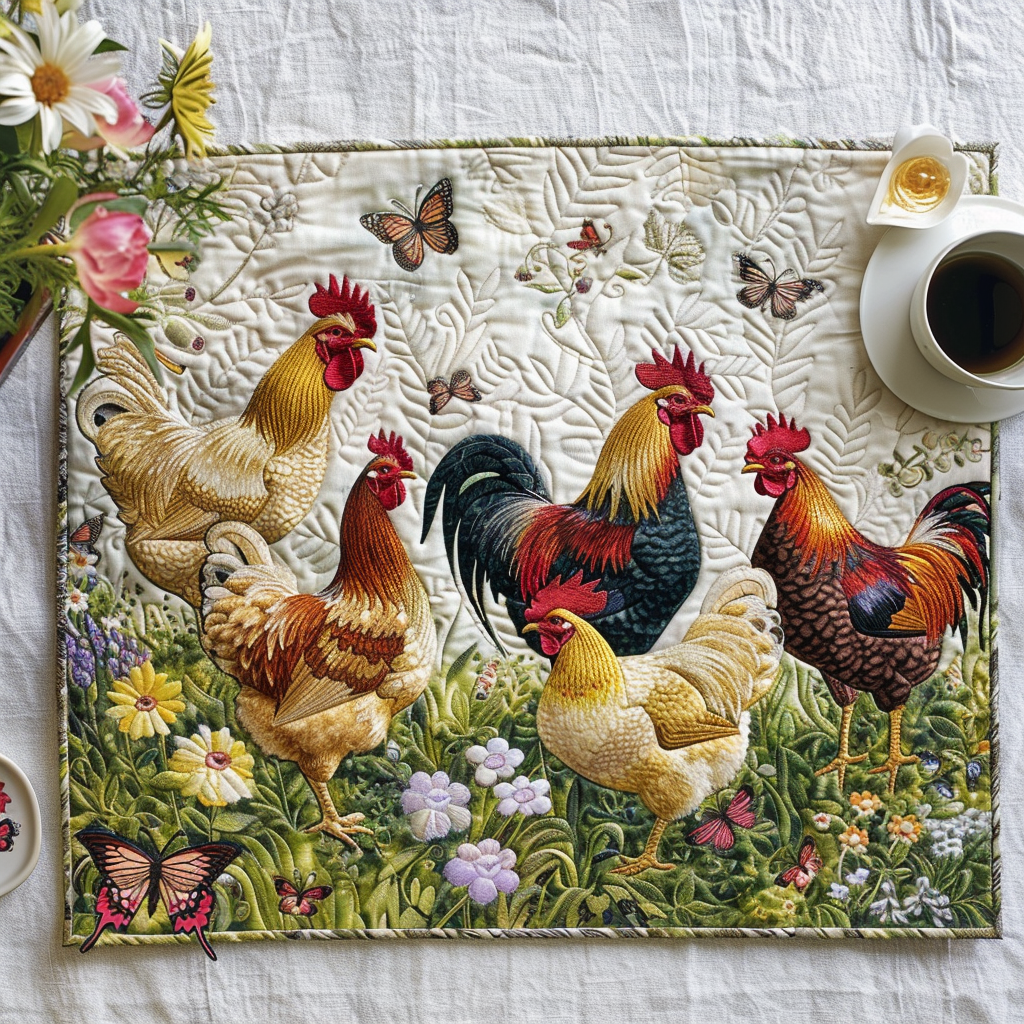 Enchanting Chickens & Flowers Quilted Placemats