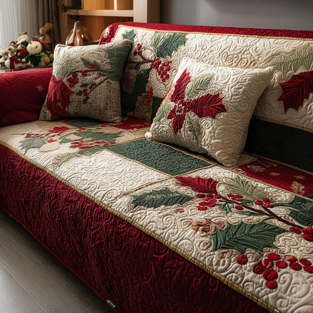 Winter Holly and Poinsettias Quilted Sofa Cover