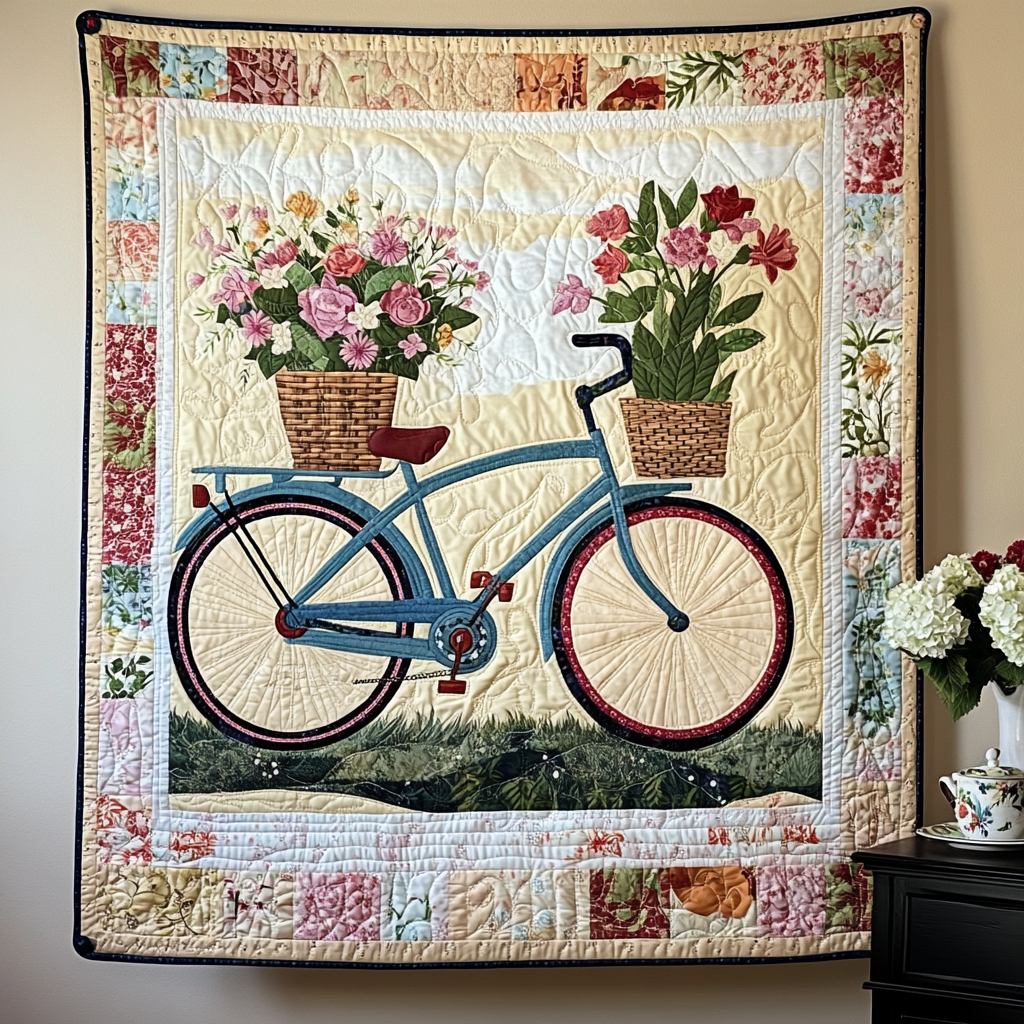 Blooming Bicycle Journey Quilted Wall Art
