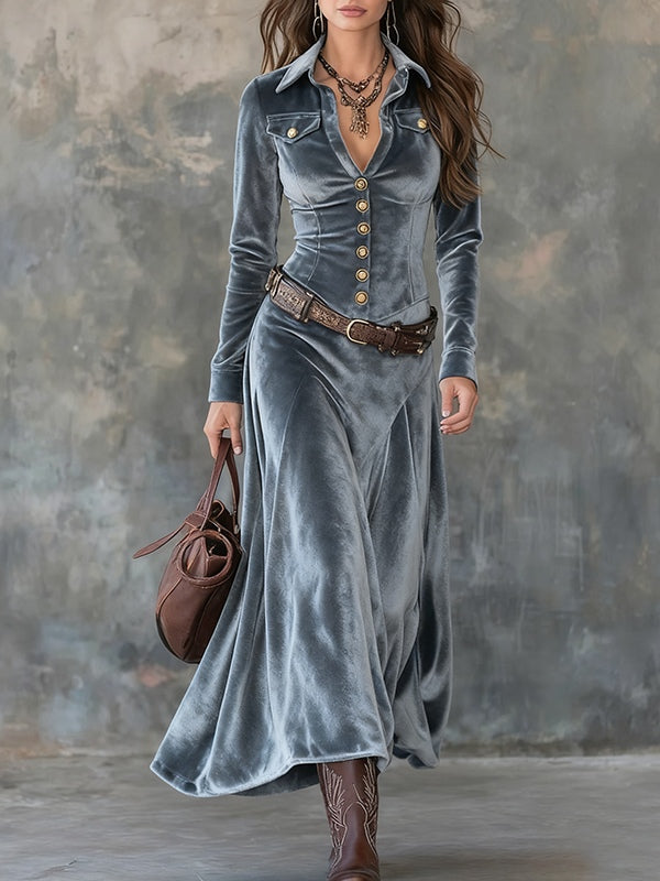 Gray Velvet Lapel Metal Button-down Maxi Dress (with belt)