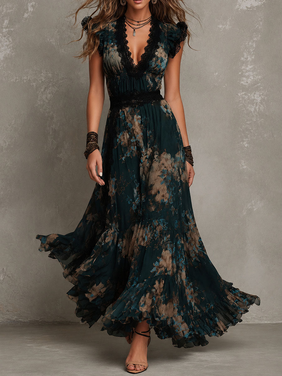 Vintage Dark Green Floral Lace-trimmed Chiffon Maxi Dress