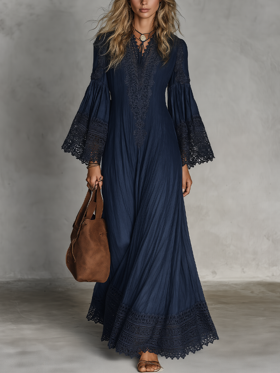 Navy V-neck Lace-trimmed Bell Sleeve Loose Maxi Dress