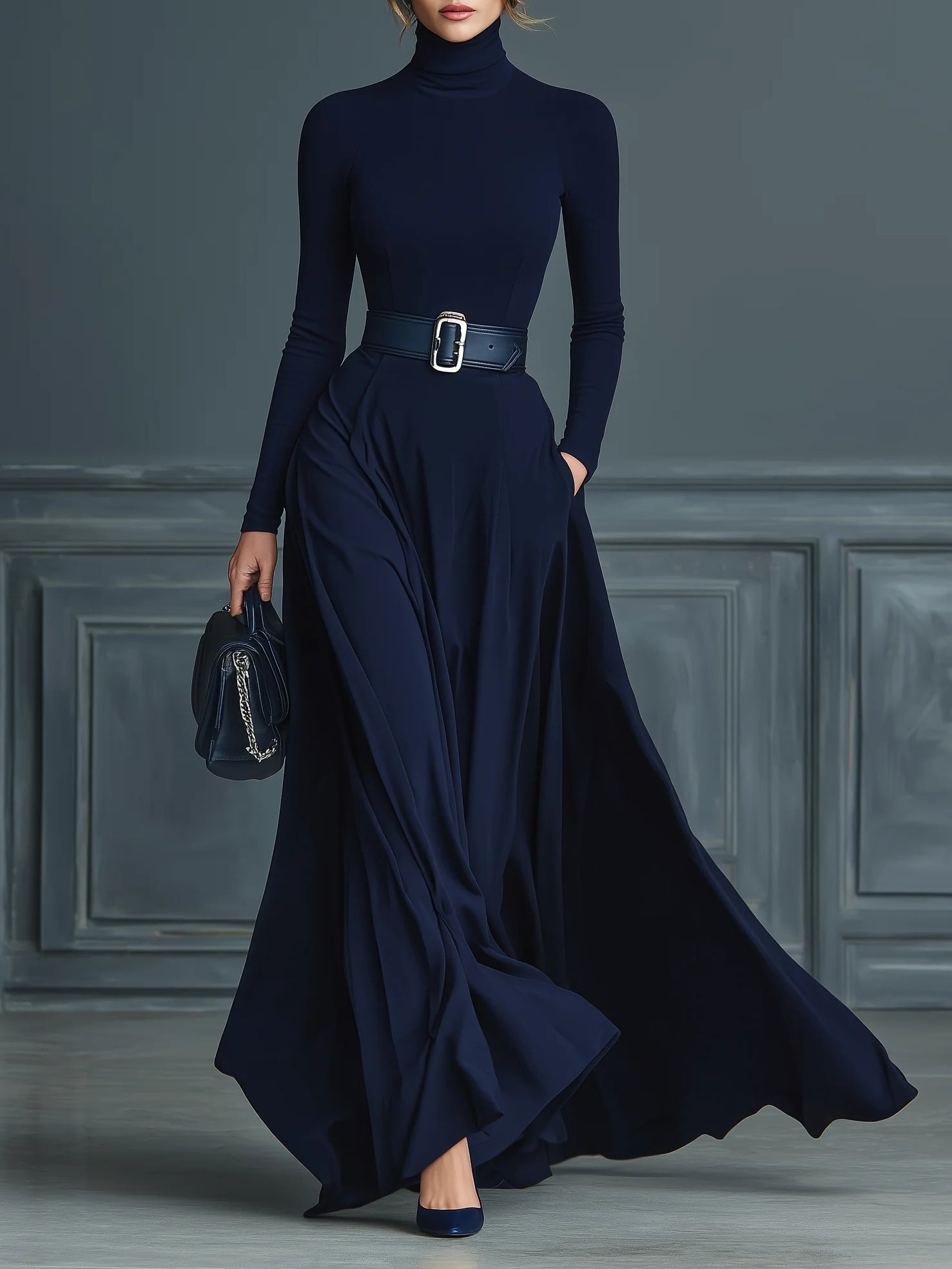 Dark Blue Knitted High-neck Dress (No belt)