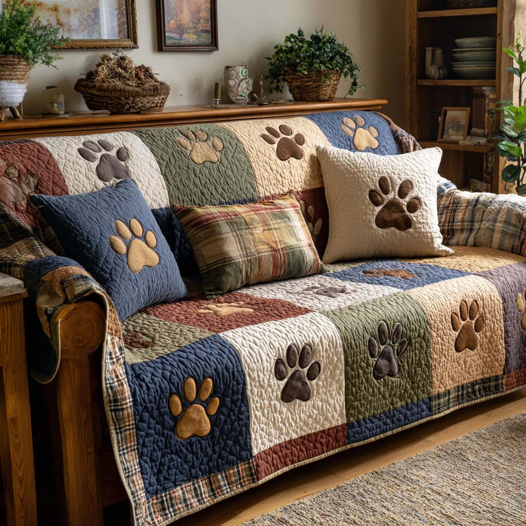 Rustic Paw Squares Quilted Sofa Cover