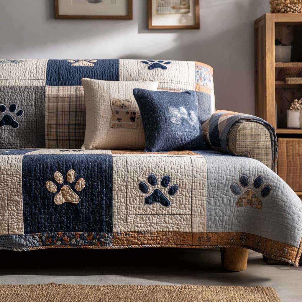 Blue Paw Patchwork Quilted Sofa Cover
