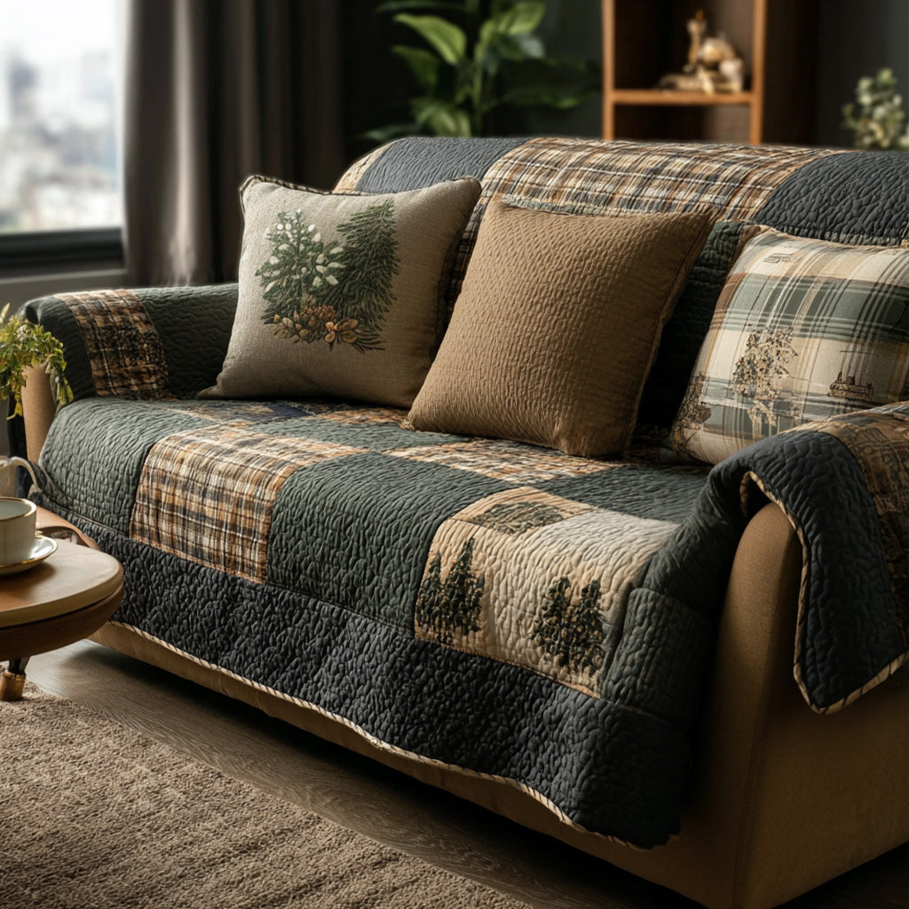 Forest Green Rustic Checks Quilted Sofa Cover