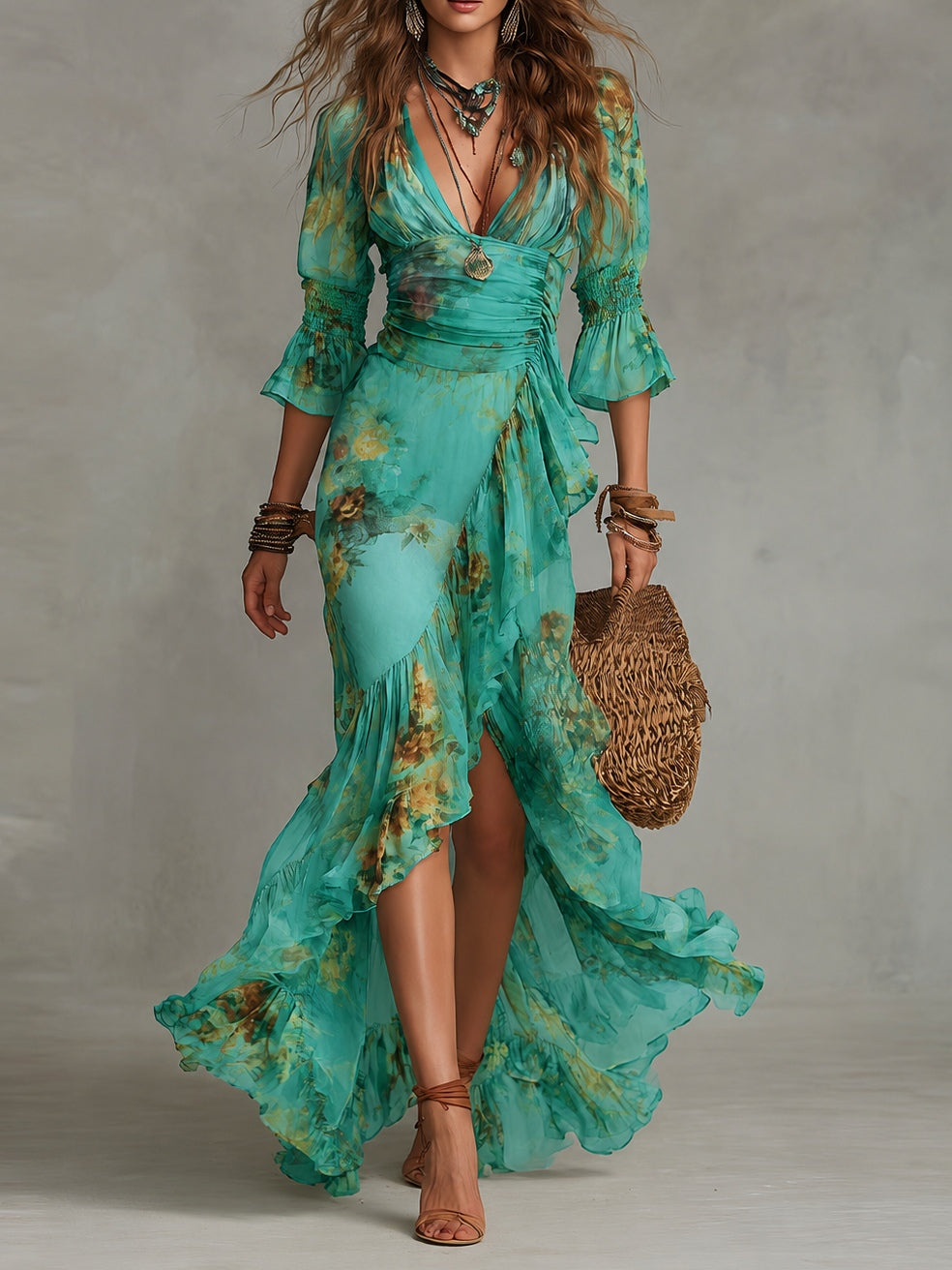 Grass Green Chiffon Irregular Ruffled Slit Maxi Dress