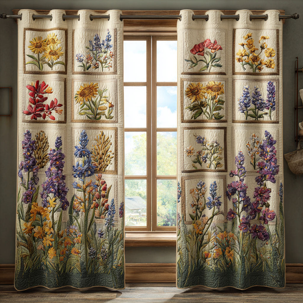 Bloom Cottage Quilted Curtains – garden flowers and botanical panels in gentle cream and leafy green tones