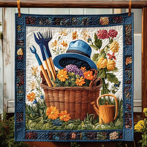 Blooming Pansies Quilted Blanket – a basket of flowers with gardening details in bright, welcoming colours
