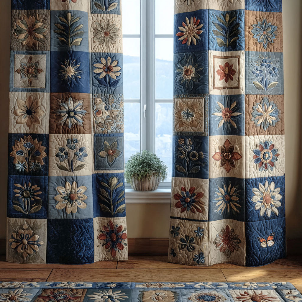 Blue Garden Quilted Curtains – blue and cream floral panels arranged in a balanced patchwork-style design