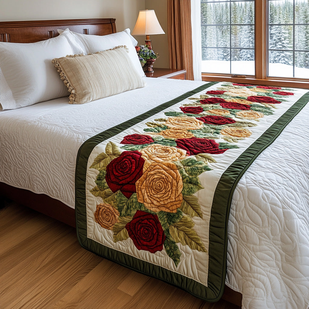 Blush Bloom Quilted Bed Runner – red and cream roses with leafy details and a soft green border