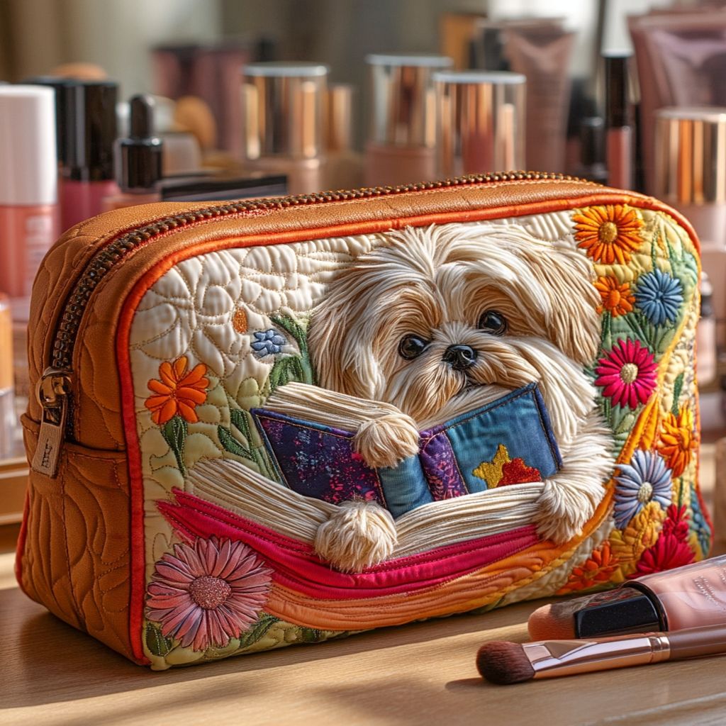 Book Shih Tzu Quilted Toiletry Bag – a shih tzu surrounded by books in a colourful reading-inspired design
