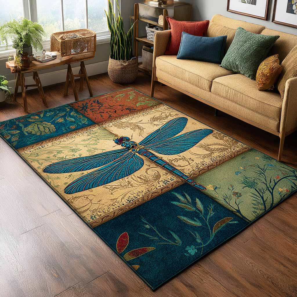 Botanical Wings Area Rug – a blue dragonfly across botanical patchwork-style panels in cream, blue and green