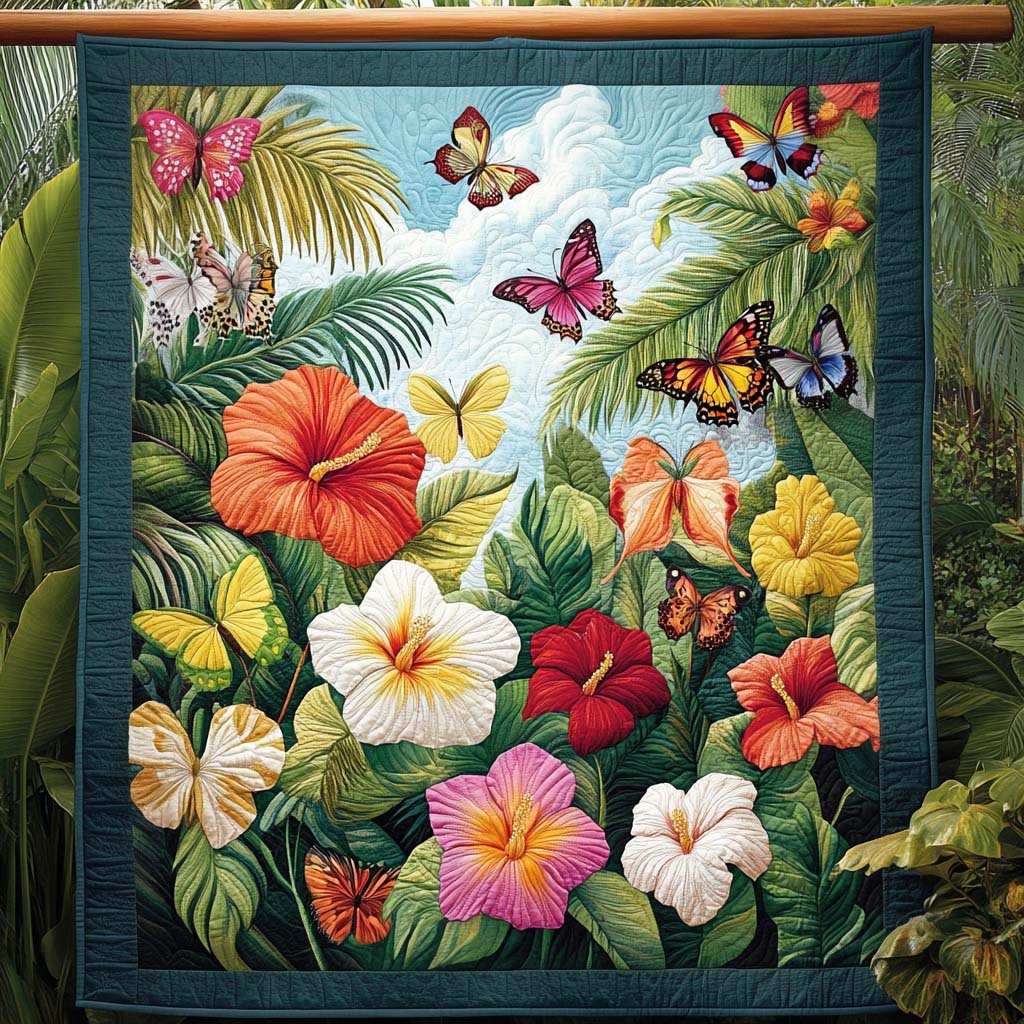 Butterfly Garden Bliss Quilted Blanket – colourful butterflies among vibrant tropical flowers and leafy green details