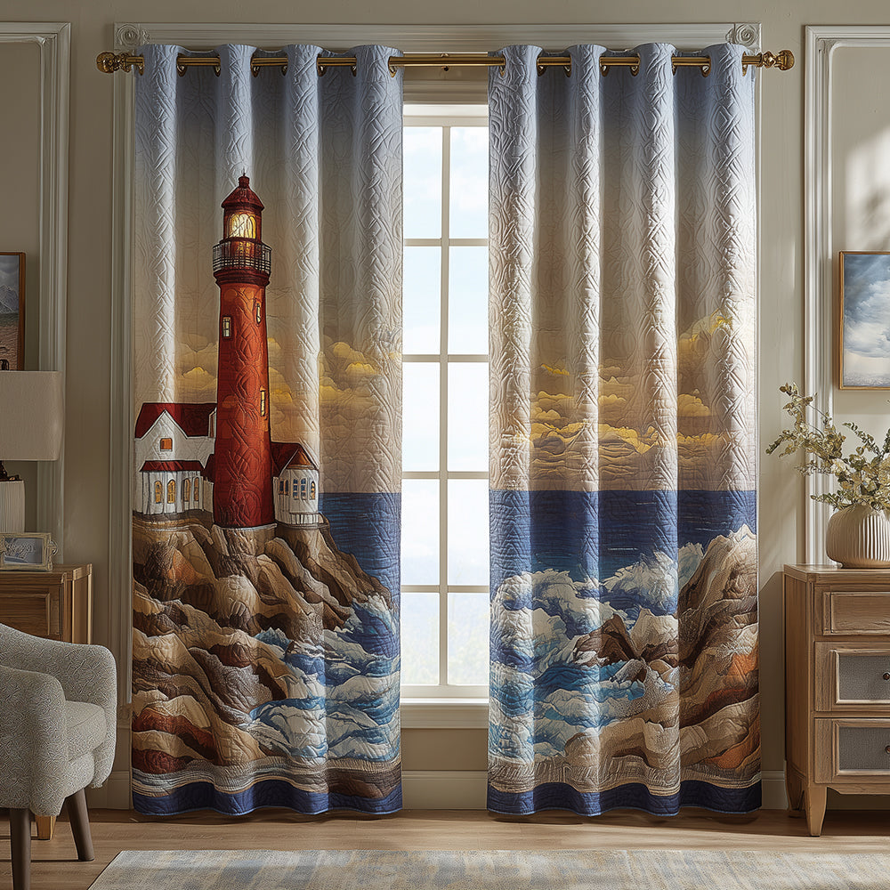 Coastal Morning Watch Quilted Curtains – a lighthouse beside a blue sea, with sandy tones and a soft coastal sky