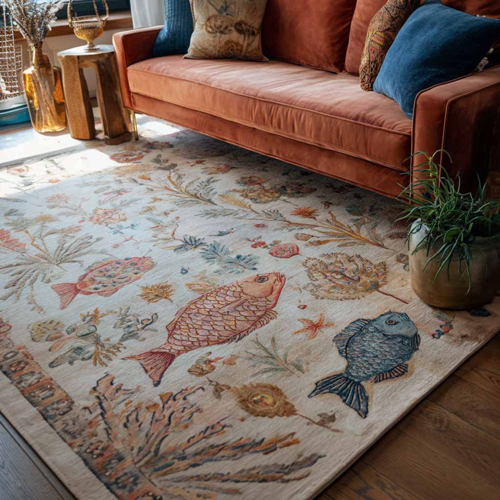 Coastal Sketch Area Rug – delicate sea-life illustrations in soft blue, coral and sandy tones on a pale ground