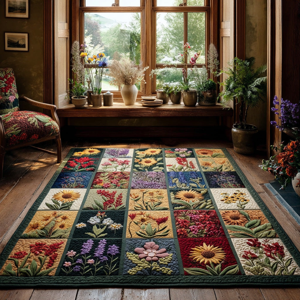 Country Garden Area Rug – a patchwork-style arrangement of flowers and leafy motifs in warm garden colours