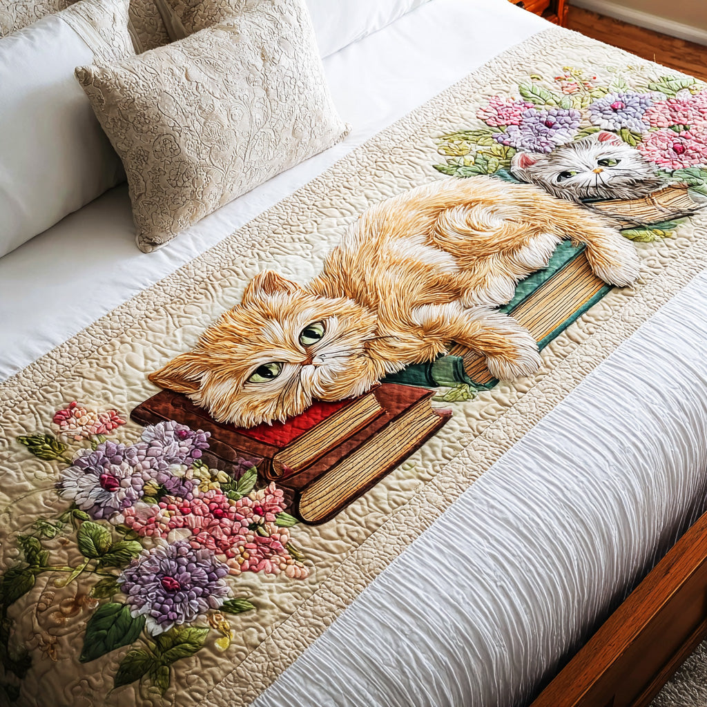 Curious Book Cat Quilted Bed Runner – a curious ginger cat beside books, surrounded by soft floral details