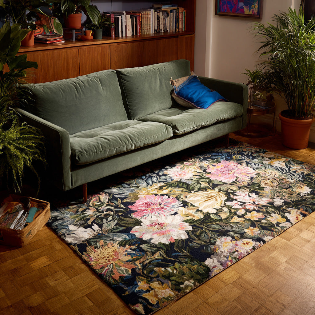 Emerald Garden Area Rug – pale pink and cream flowers with leafy green details on a deep green ground