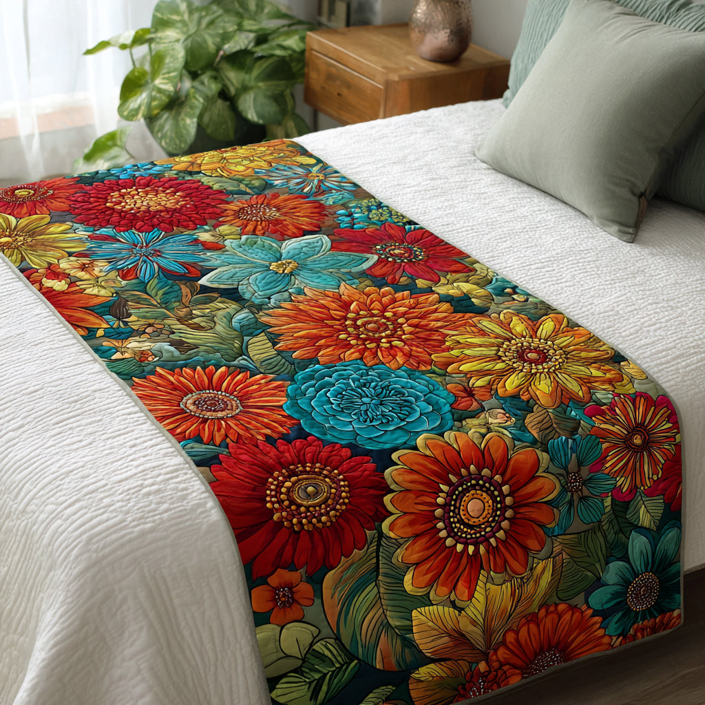 Floral Joy Quilted Bed Runner – bold orange flowers across lively turquoise and warm-toned panels