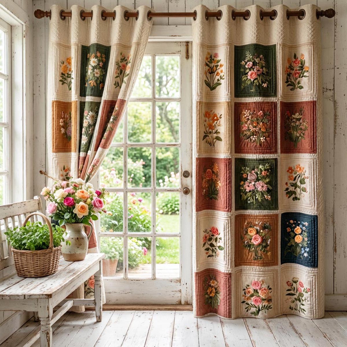 Floral Whisper Quilted Curtains – floral panels in cream, leafy green and muted red