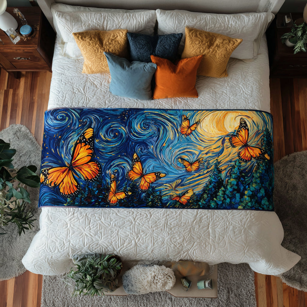 Garden Butterfly Quilted Bed Runner – blue butterflies and flowers against a richly patterned blue ground