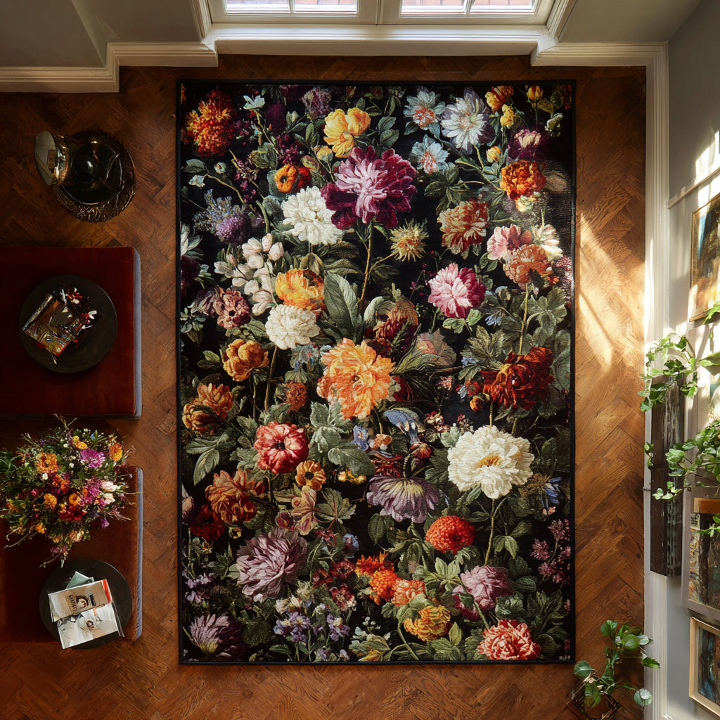 Grand Floral Area Rug – a full bouquet of colourful flowers against a deep, dark background
