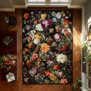 Grand Floral Area Rug – a full bouquet of colourful flowers against a deep, dark background