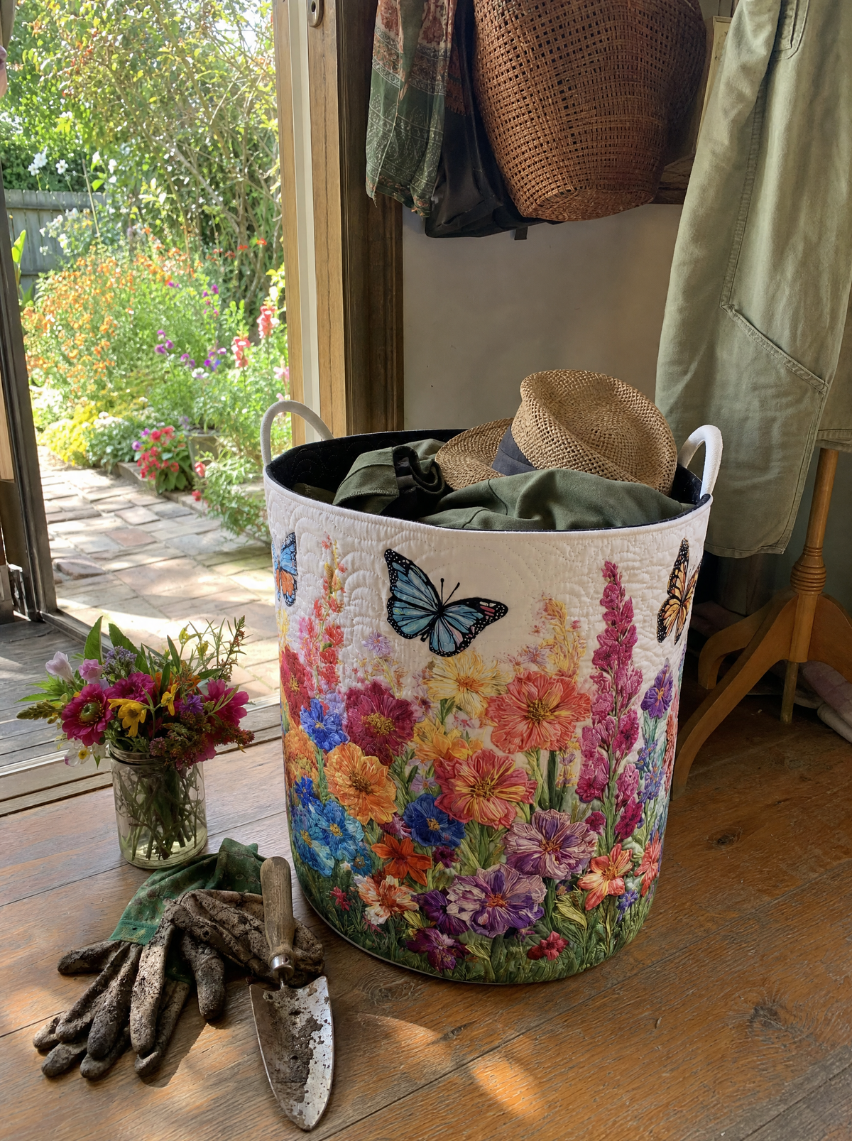 A quilted basket with a garden print by a sunny window