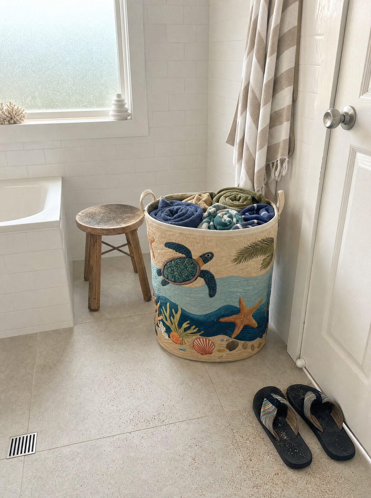 A quilted basket with a coastal print in a bathroom