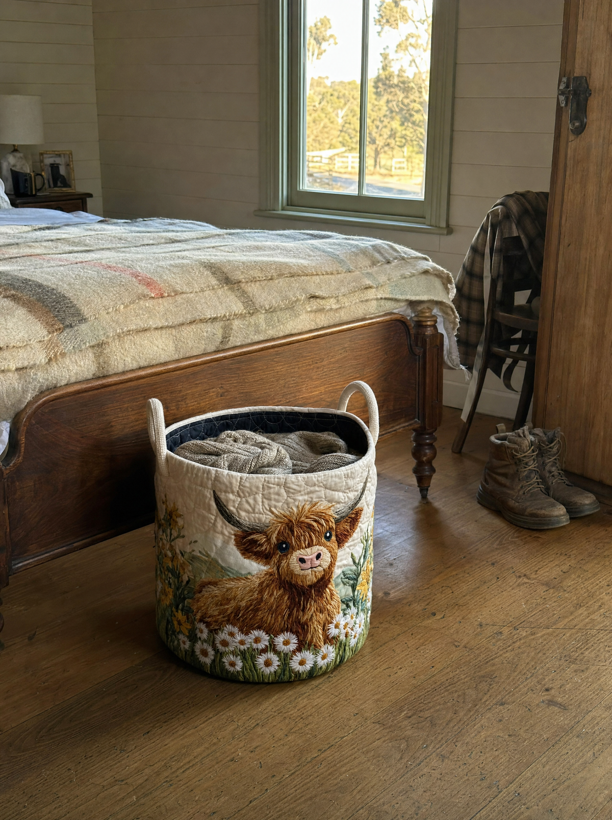 A quilted basket with a country print in a farmhouse bedroom