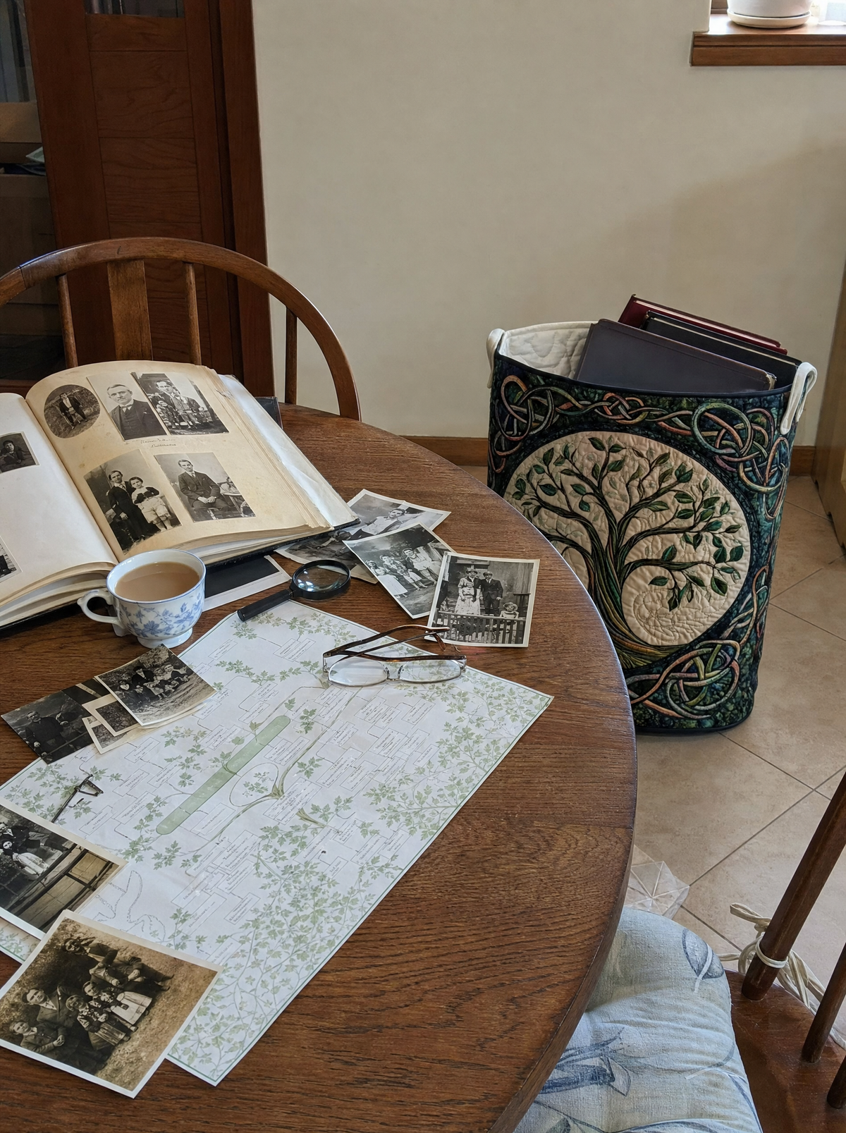 Family photos beside the Tree of Life basket