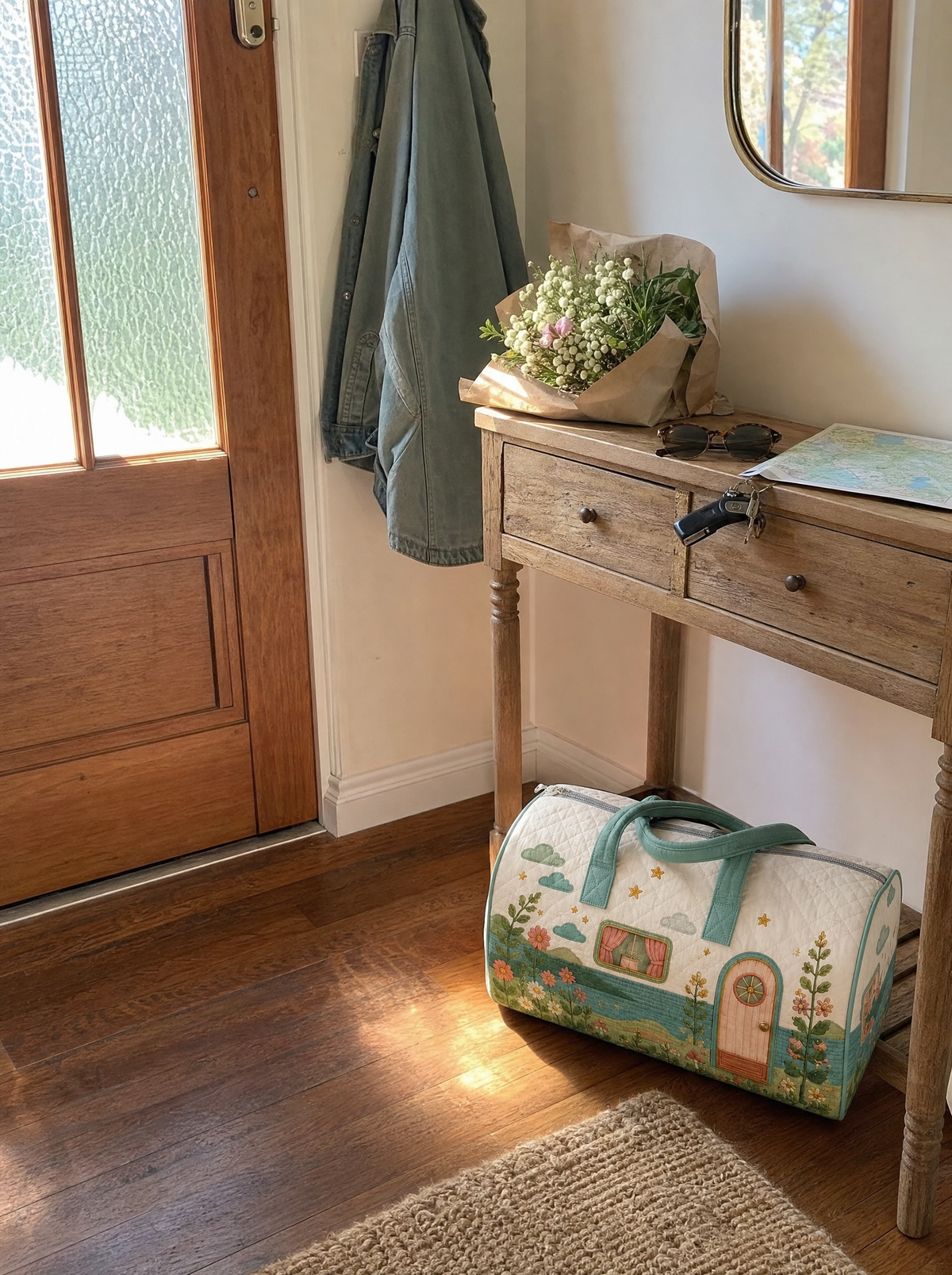 A packed quilted duffle bag by the front door